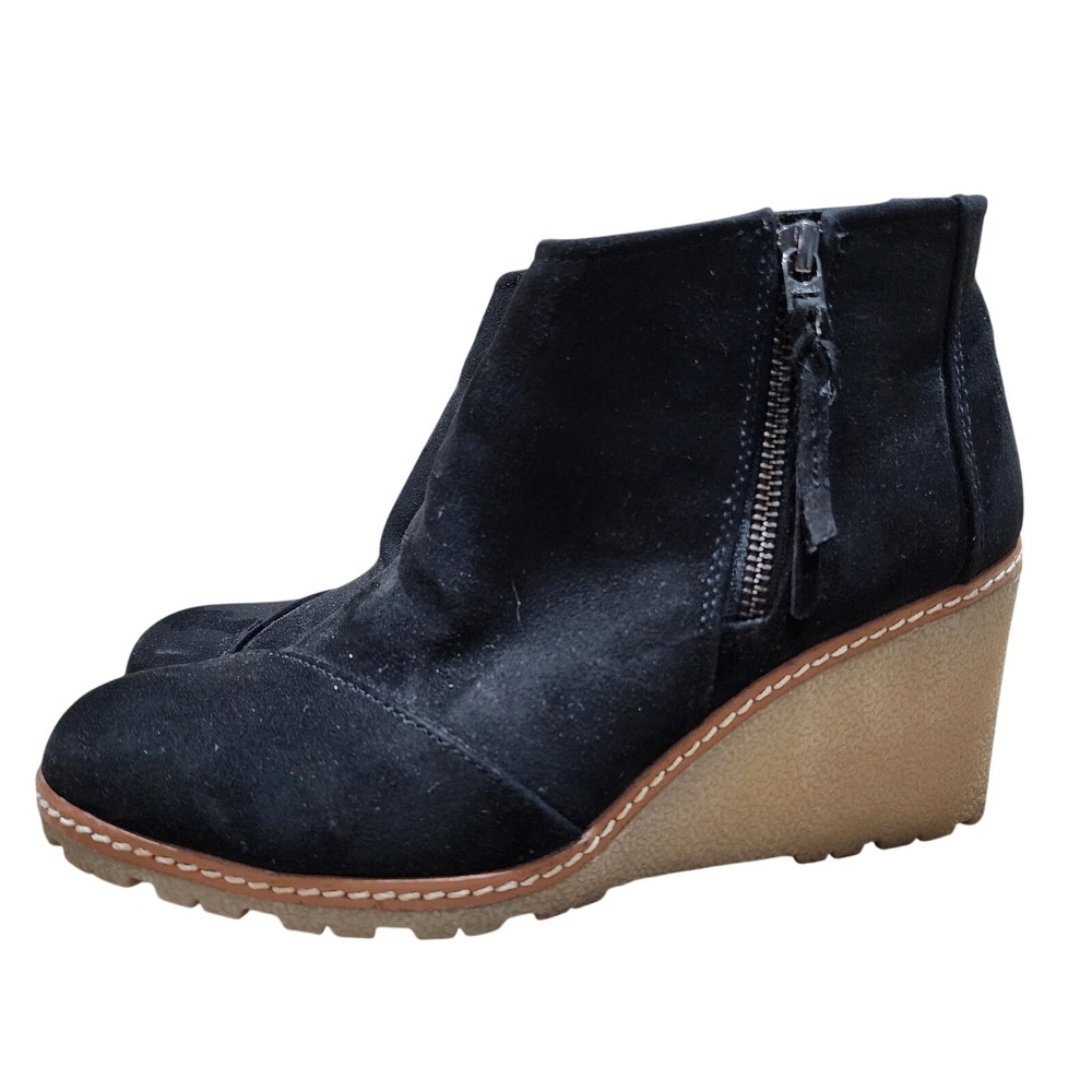 TOMS Black Suede Wedge Zipper Ankle Boot Booties Women's Sz 8